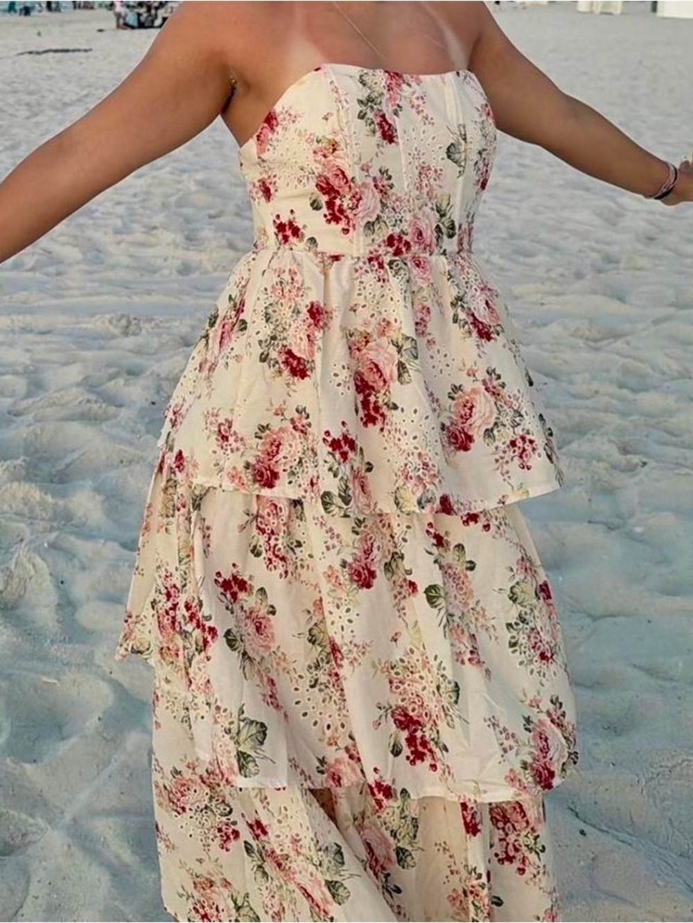 Strapless Tiered Floral Eyelet Maxi Dress - Cream and Pink